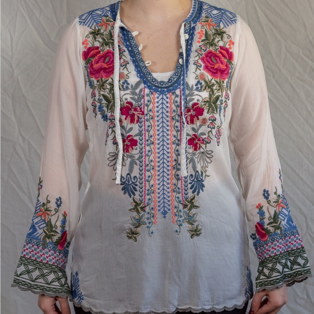 Johnny Was “Millie” Embroidered Blouse with Tie White/Light Blue/Rose